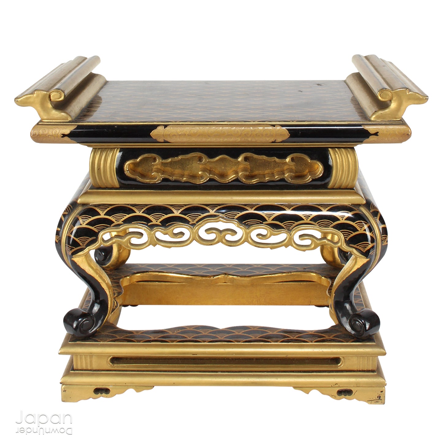 Add a touch of elegance to your space with this exquisite small antique Japanese sutra table. Intricately crafted with black lacquer and gold makie detailing, this table is perfect for displaying your favorite decor and religious items.
