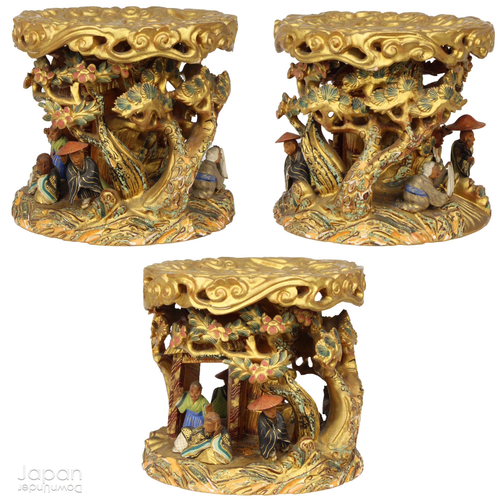 An 1800’s Buddhist altar singing bowl, harmoniously displayed on a traditional intricately carved custom order stand. Complete with a luxurious brocade cushion, this set exudes timeless elegance and spiritual significance.