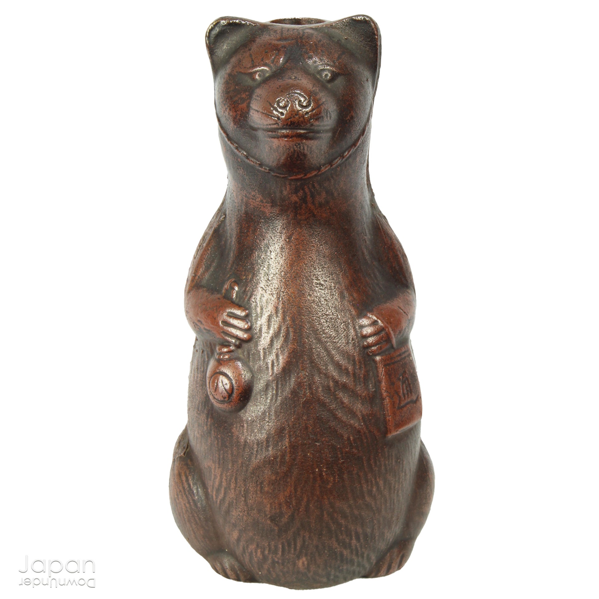 Infuse your space with the timeless elegance of Japanese craftsmanship and folklore through this antique Bizen raccoon dog tokkuri. Not only does it serve its traditional function as a sake pourer, but it also doubles as a captivating piece of art or a charming bud vase, making it a truly versatile addition to your collection.