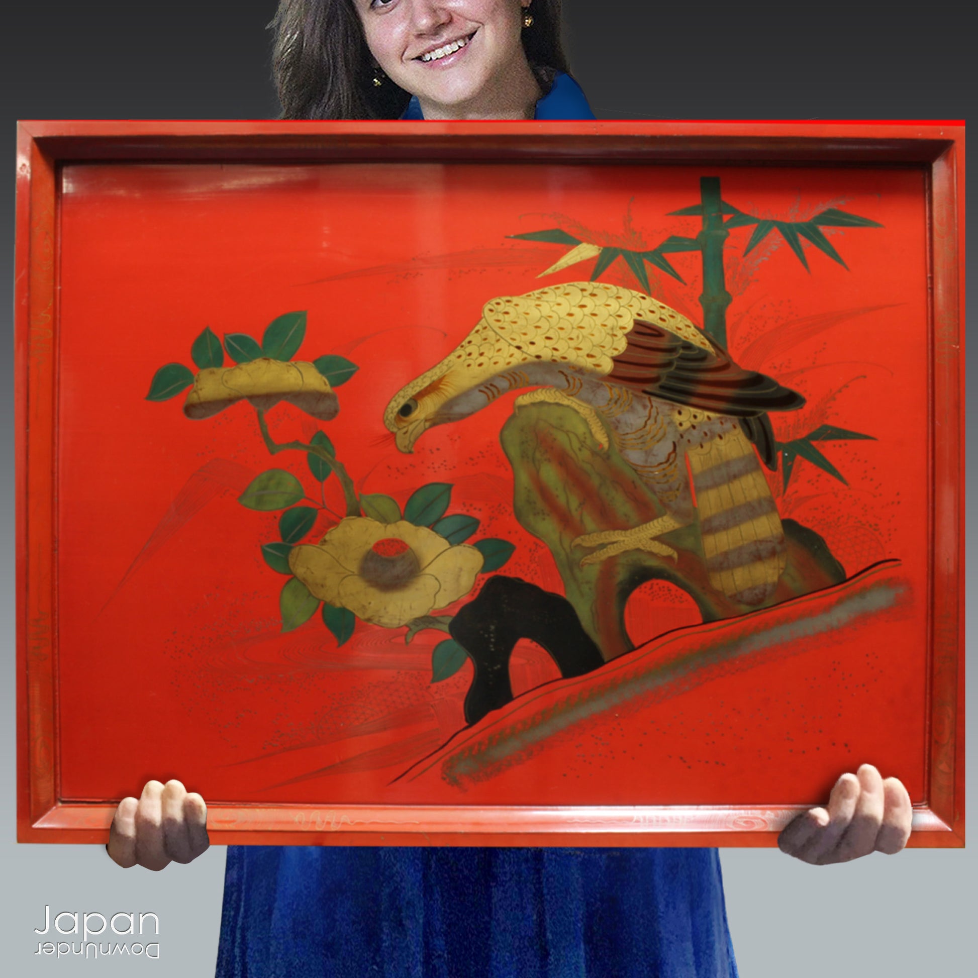 This exquisite 1800s rare red lacquer tray is a captivating piece that transports you back in time. Featuring a majestic hawk surrounded by lush peonies and bamboo, it’s not just a tray - it's a stunning work of art that brings history, culture, and elegance into your space. A true treasure for collectors and those who appreciate antique beauty, this tray offers both charm and significance.