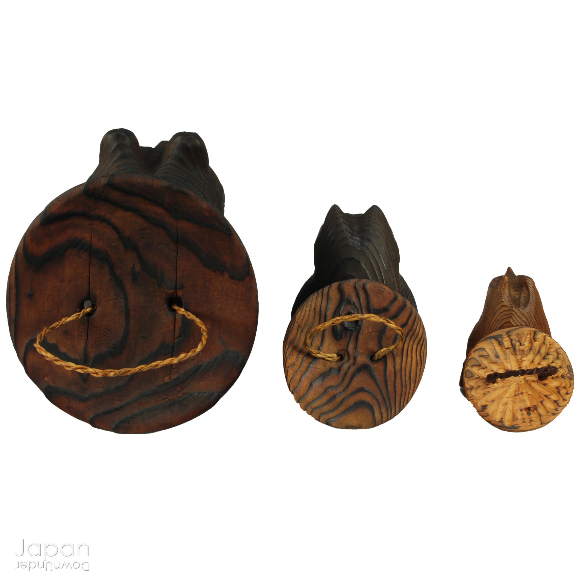 Add a dash of charm and cultural richness to your home with this delightful set of three antique Japanese tanuki wood carvings - authentic examples of traditional Japanese folk art, long believed to be bringers of good luck and prosperity.
