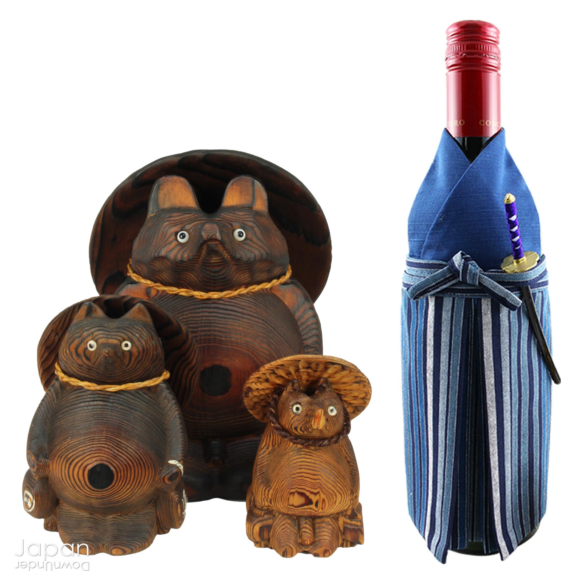 Add a dash of charm and cultural richness to your home with this delightful set of three antique Japanese tanuki wood carvings - authentic examples of traditional Japanese folk art, long believed to be bringers of good luck and prosperity.