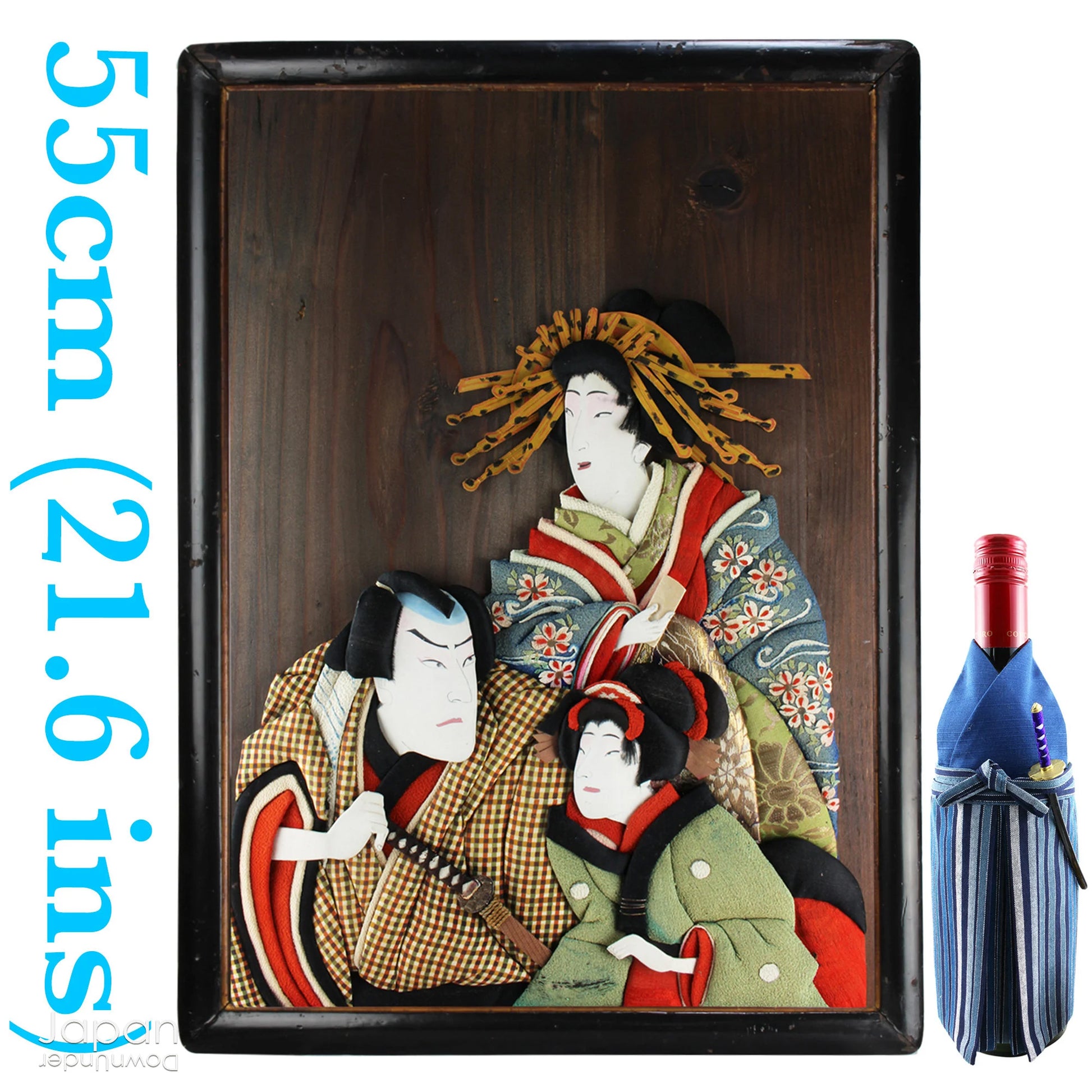 Infuse your home with the rich history and exquisite craftsmanship of this framed antique traditional Japanese Oshie fabric art. Featuring intricate, three-dimensional depictions of Kabuki players, this piece is a true masterpiece that will captivate and become a striking focal point in any room.