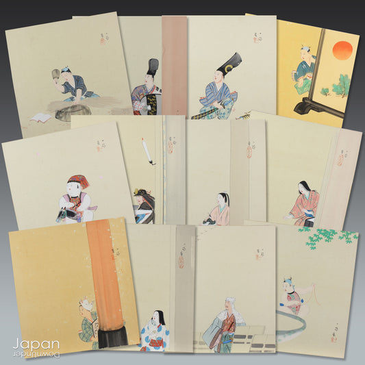 Discover a captivating collection of 12 antique Japanese hand-painted watercolor artworks, each delicately rendered on traditional shikishi art boards. Designed for monthly rotation, these exquisite pieces celebrate the beauty and rhythm of the seasons - making them a timeless treasure for art lovers, collectors, or anyone looking to bring a touch of old-world Japan into their home.