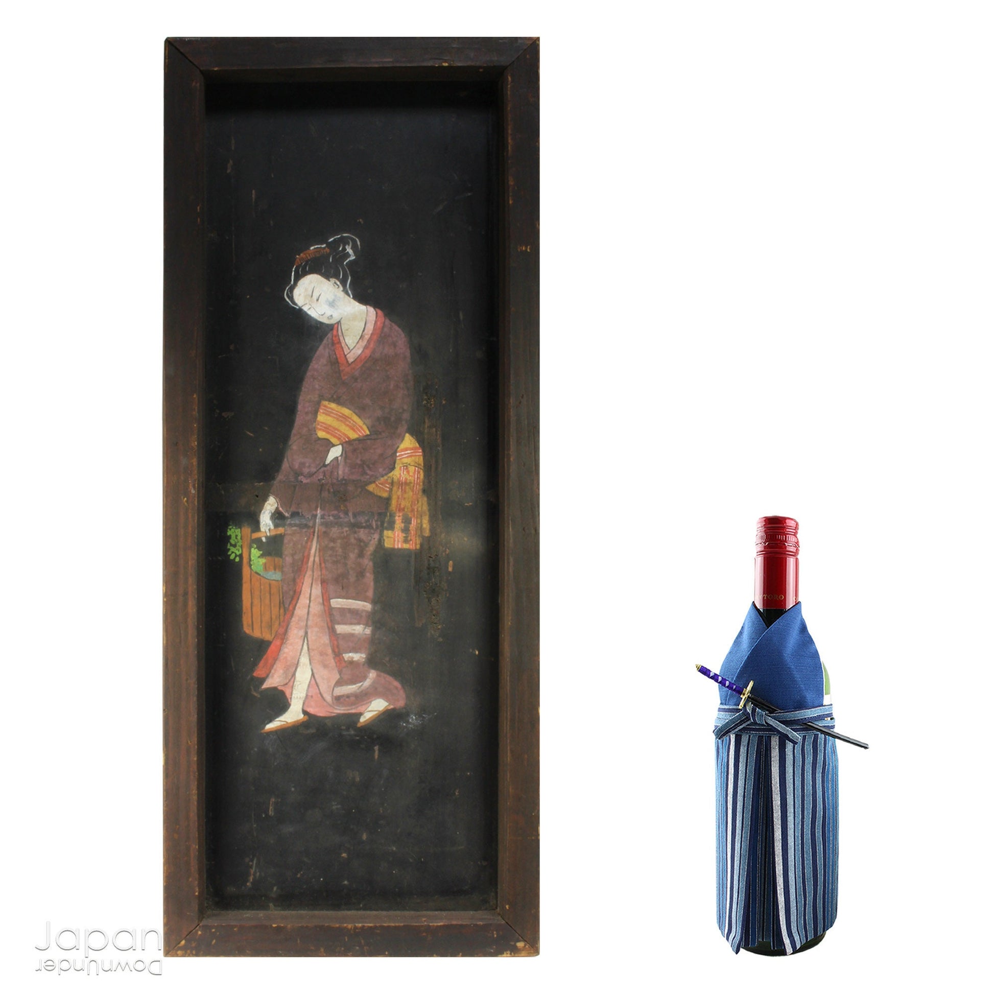 Stylish, Quality Japanese Antique, A wonderful 1800’s folk art painting featuring a Japanese woman in kimono on a very large Japanese ema. Originally a donation to a shrine, this unique piece captures the beauty and tradition of Japanese culture.