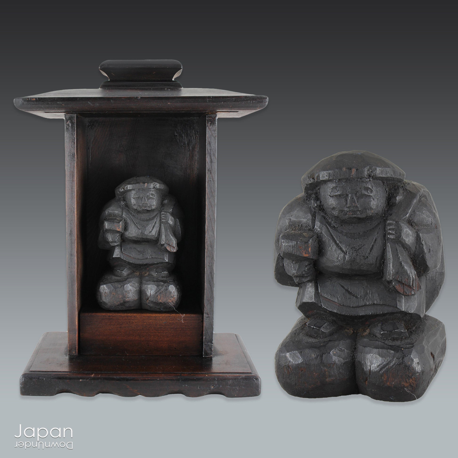 A perfect addition to your spiritual space, this quaint rustic antique Shinto shrine, made to be placed on the kamidana (god shelf), houses the lucky god Daikoku. The charming hand crafted god house embodies the essence of Shinto folk faith, creating an atmosphere of serenity in your home. A meaningful decor piece, that not only celebrates traditional Japanese beliefs but also invites blessings into your home.