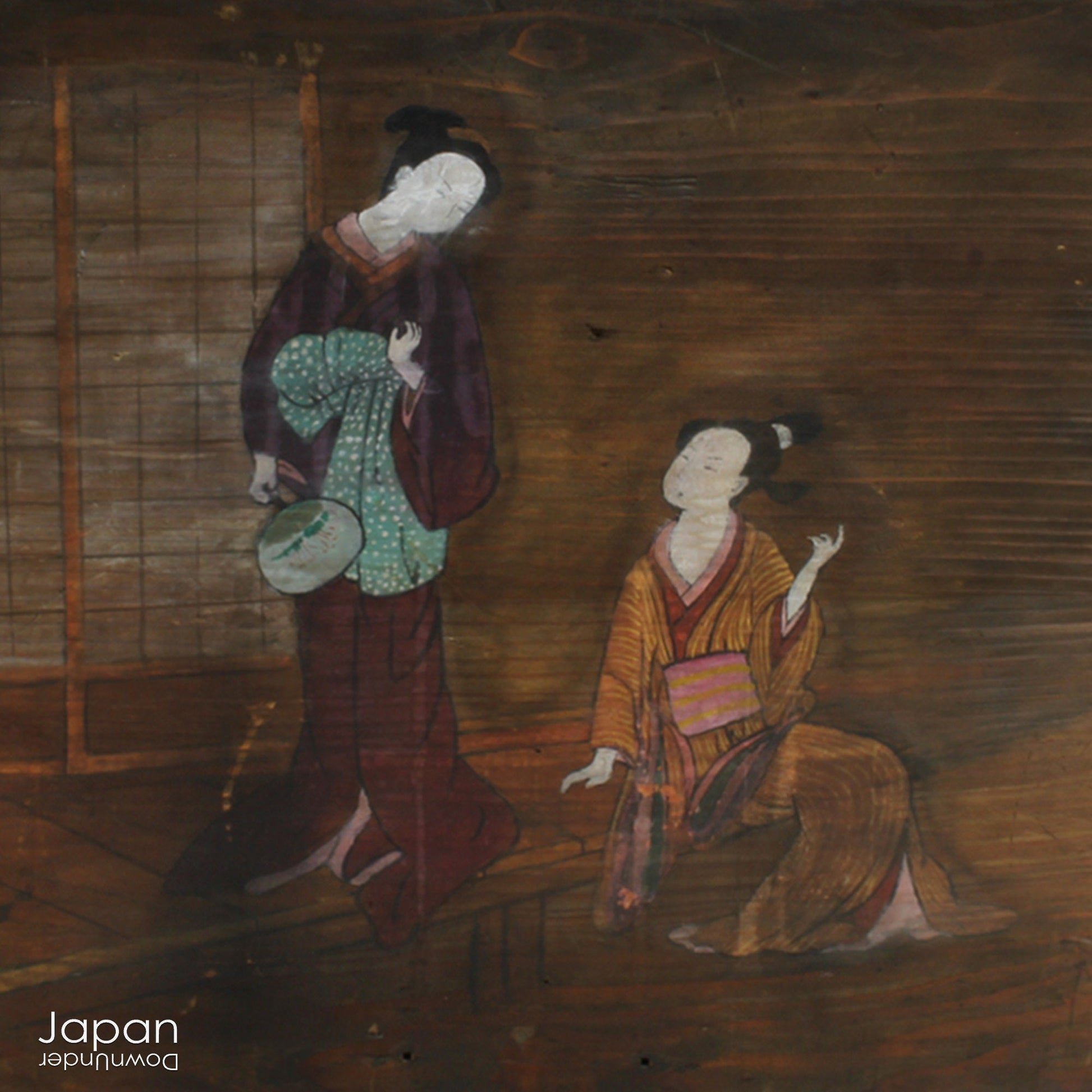 Stylish, Quality Japanese Antique, Vintage and More....Unlike the spiritual Step back in time with this stunning 1800‘s folk art painting featuring elegant Japanese women in kimono on an extremely large Japanese ema. Originally a donation to a shrine, this unique piece captures the beauty and tradition of Japanese culture.