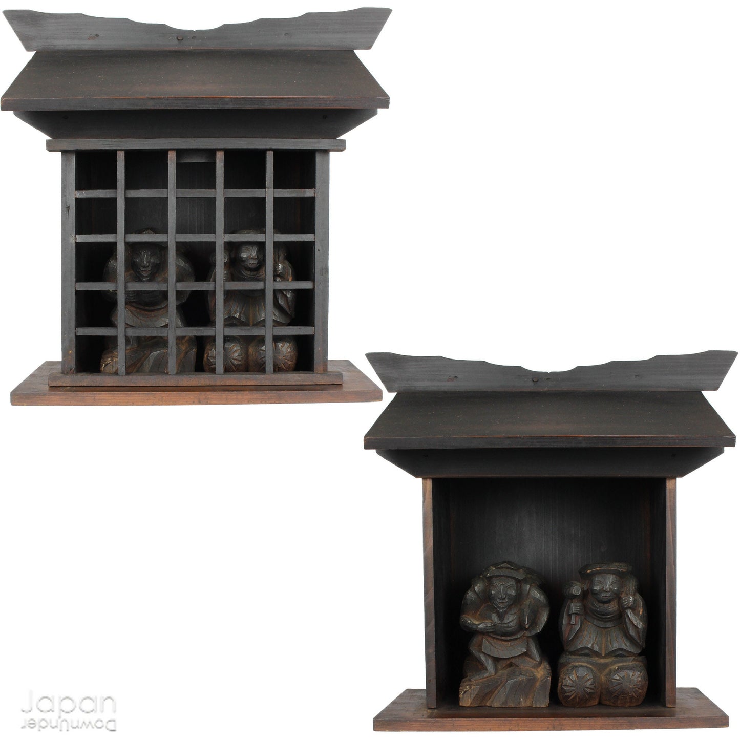 This wonderful Edo era  antique kamidana Shinto shrine, houses the Bring a piece of history into your home with this 1900’s Shinto folk faith shrine, perfect for creating a sacred space on your own kamidana (god shelf) or within your home. This antique religious decor features the lucky gods, Ebisu and Daikoku.
