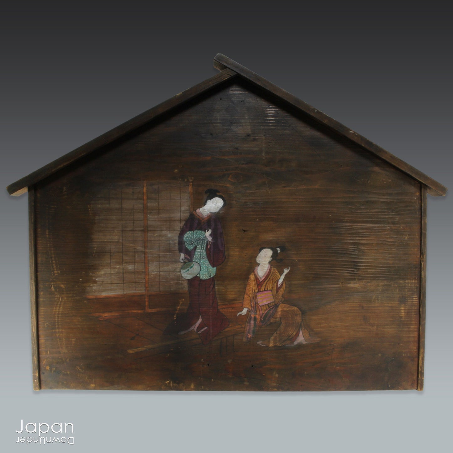 Step back in time with this stunning 1800‘s folk art painting featuring elegant Japanese women in kimono on an extremely large Japanese ema. Originally a donation to a shrine, this unique piece captures the beauty and tradition of Japanese culture.