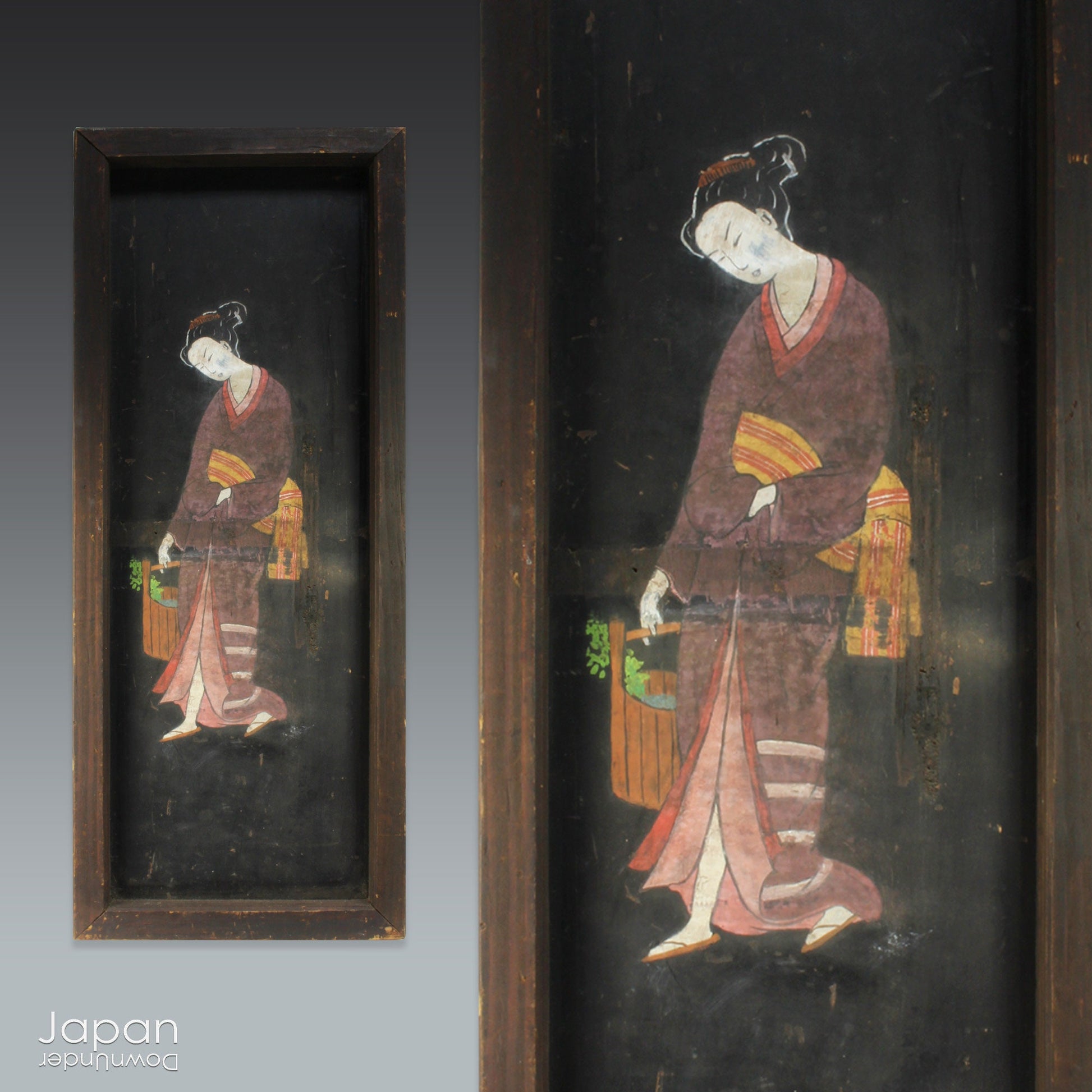 A wonderful 1800’s folk art painting featuring a Japanese woman in kimono on a very large Japanese ema. Originally a donation to a shrine, this unique piece captures the beauty and tradition of Japanese culture.