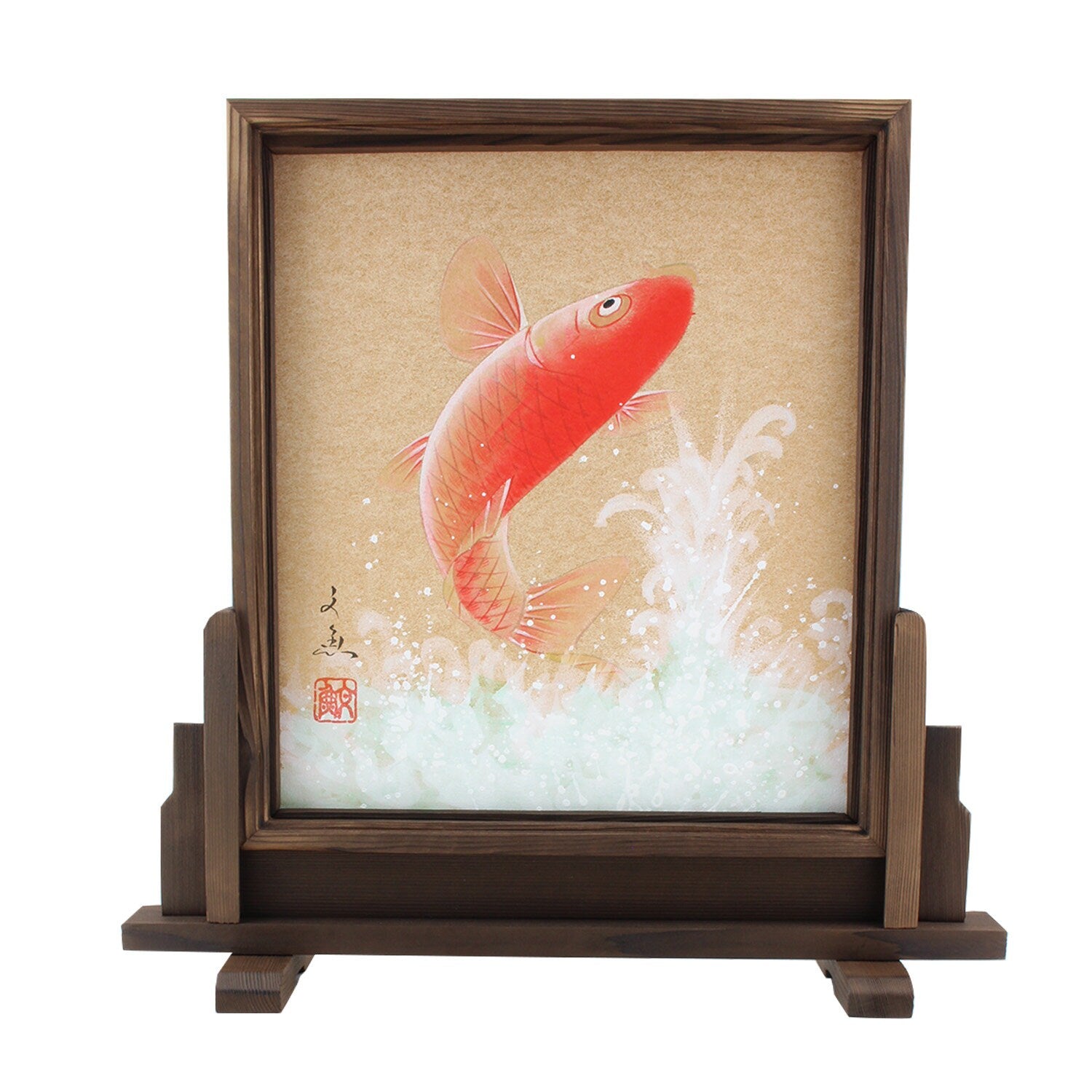 Immerse yourself in the captivating beauty of this dramatic shikishi watercolor painting, titled Tobu Koi ("Flying Carp"). Originally created for display at the tea ceremony, this shikishi features a vibrant red koi fish courageously swimming up a foaming, white waterfall. The artwork perfectly captures the symbolism of perseverance, strength, and determination.