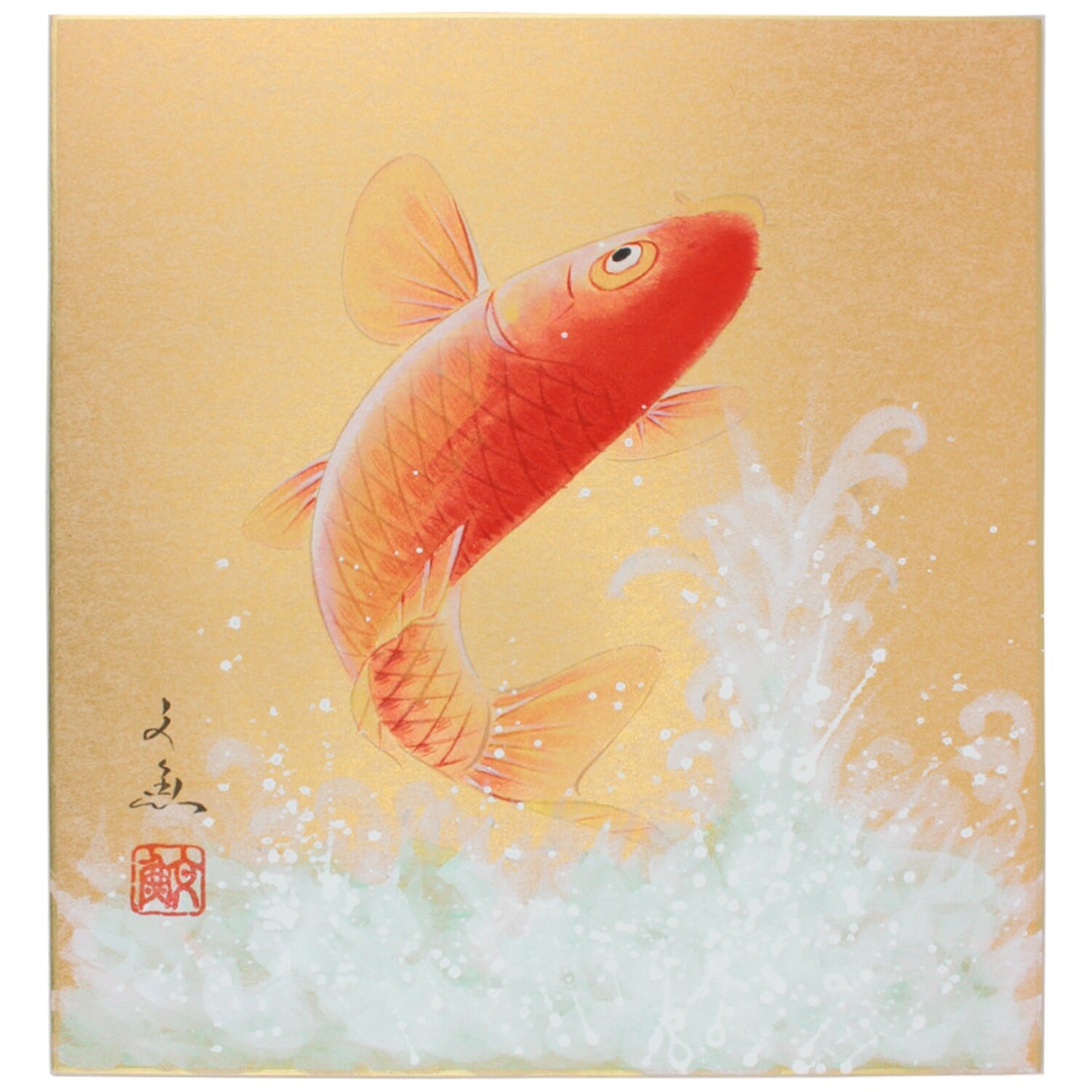 Immerse yourself in the captivating beauty of this dramatic shikishi watercolor painting, titled Tobu Koi ("Flying Carp"). Originally created for display at the tea ceremony, this shikishi features a vibrant red koi fish courageously swimming up a foaming, white waterfall. The artwork perfectly captures the symbolism of perseverance, strength, and determination.