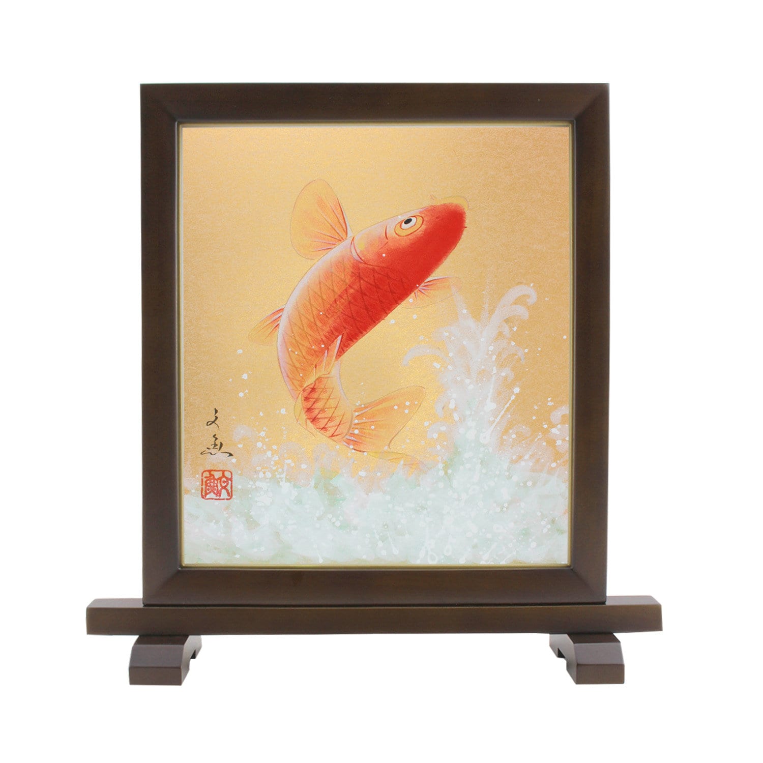 Immerse yourself in the captivating beauty of this dramatic shikishi watercolor painting, titled Tobu Koi ("Flying Carp"). Originally created for display at the tea ceremony, this shikishi features a vibrant red koi fish courageously swimming up a foaming, white waterfall. The artwork perfectly captures the symbolism of perseverance, strength, and determination.