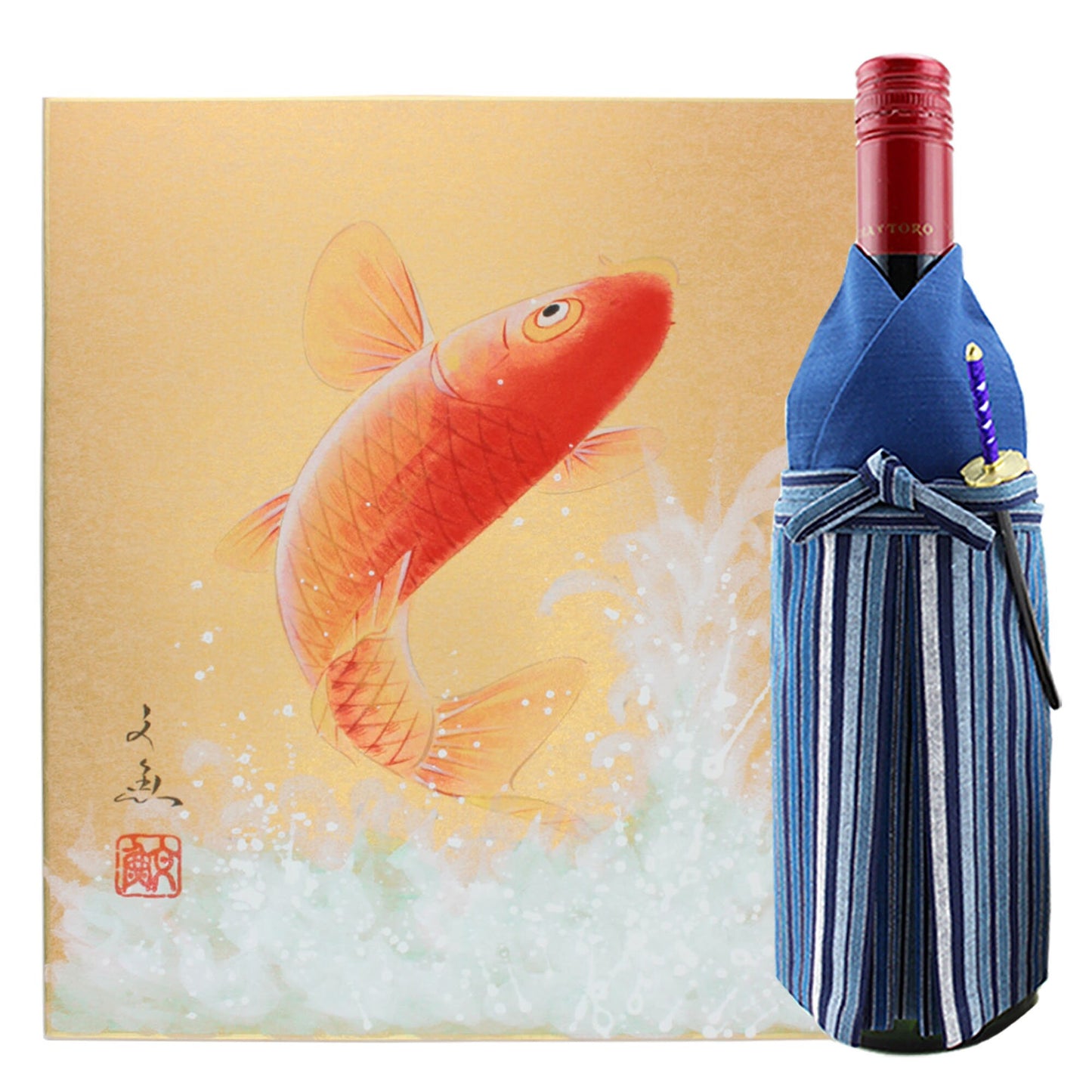 Immerse yourself in the captivating beauty of this dramatic shikishi watercolor painting, titled Tobu Koi ("Flying Carp"). Originally created for display at the tea ceremony, this shikishi features a vibrant red koi fish courageously swimming up a foaming, white waterfall. The artwork perfectly captures the symbolism of perseverance, strength, and determination.