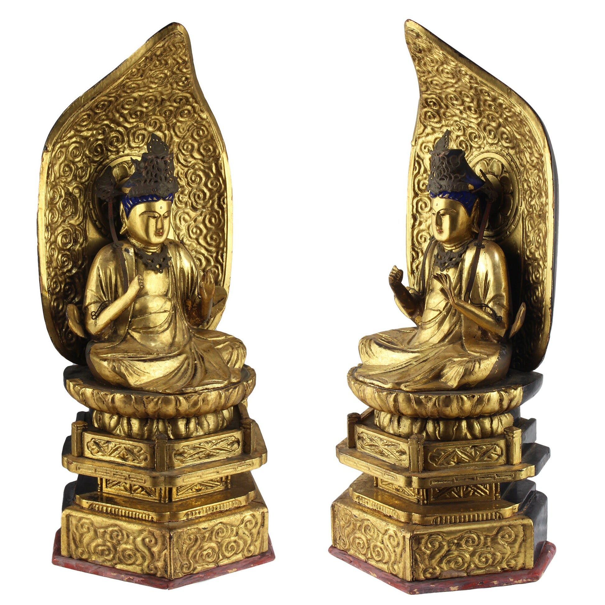 Bring a sense of ancient serenity and profound beauty to your home with this 15-inch Buddhist gold gilt wood Dainichi Nyorai statue. Handcrafted with exceptional attention to detail, this Japanese antique offers more than just a decorative piece.