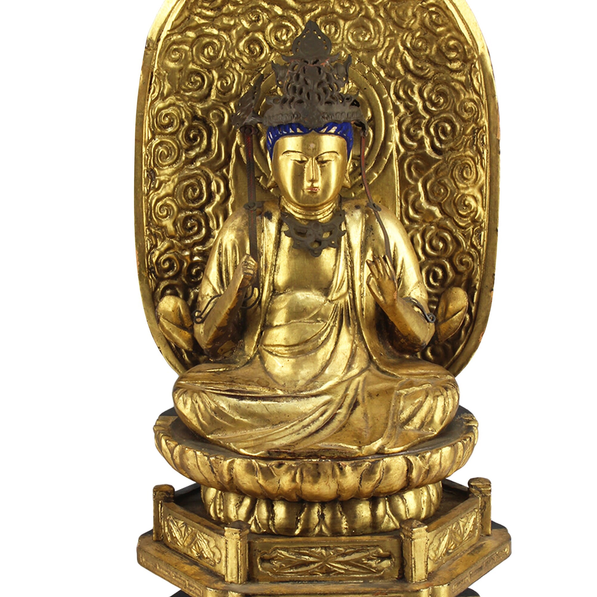 Bring a sense of ancient serenity and profound beauty to your home with this 15-inch Buddhist gold gilt wood Dainichi Nyorai statue. Handcrafted with exceptional attention to detail, this Japanese antique offers more than just a decorative piece.