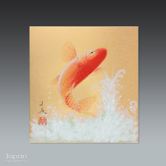 Immerse yourself in the captivating beauty of this dramatic shikishi watercolor painting, titled Tobu Koi ("Flying Carp"). Originally created for display at the tea ceremony, this shikishi features a vibrant red koi fish courageously swimming up a foaming, white waterfall. The artwork perfectly captures the symbolism of perseverance, strength, and determination.