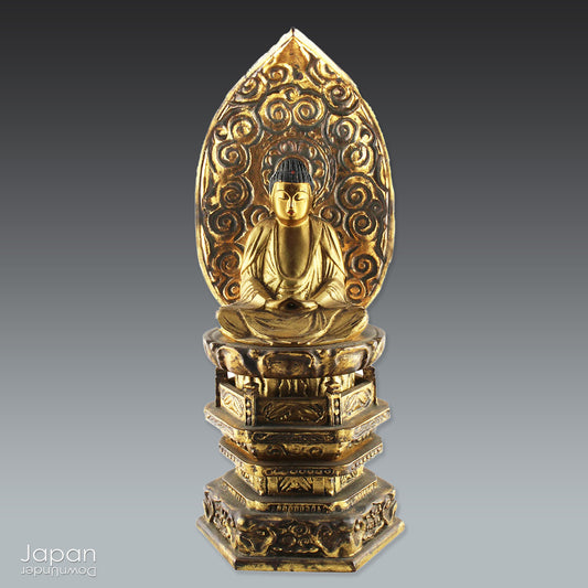 Elevate the energy of your space with this vintage gold gilt Amida Nyorai statue — a true masterpiece of Japanese craftsmanship. Handcrafted with precision, this antique statue embodies the  spiritual beauty of one of Buddhism’s most revered figures.