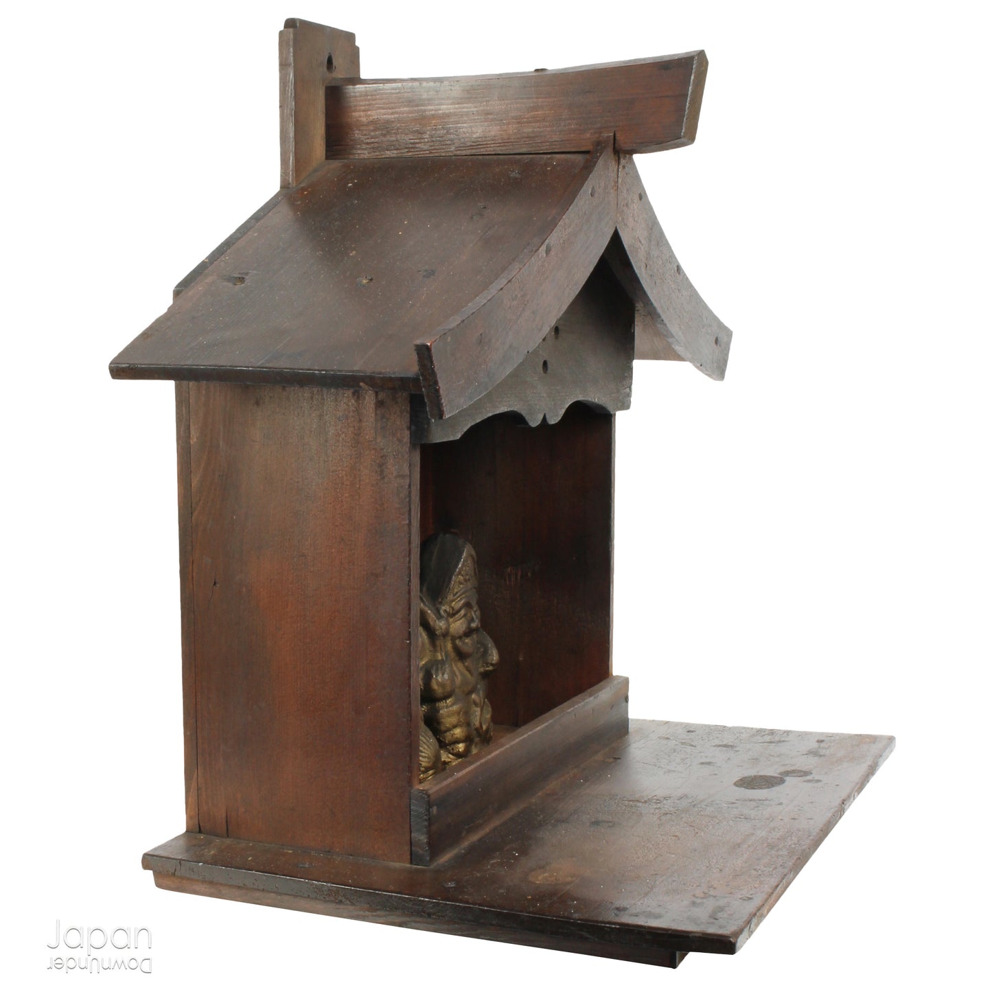 A perfect addition to your spiritual space, this quaint rustic antique Shinto shrine, made to be placed on the kamidana (god shelf), houses the lucky god Ebisu and Daikoku. The charming hand crafted god house embodies the essence of Shinto folk faith
