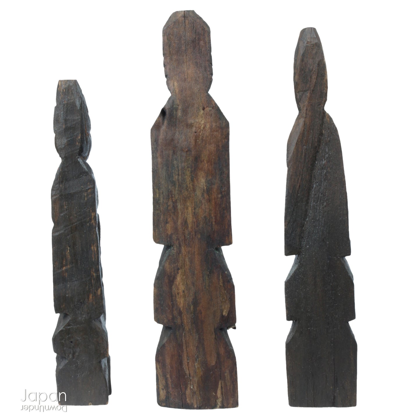 A collection of old hand-carved Enku-style Buddha and Kannon statues.  Enku was a Buddhist monk, much loved for his simple, folk art statues, carved during his many pilgrimages  to the mountains.  These old carvings are made of a light wood.