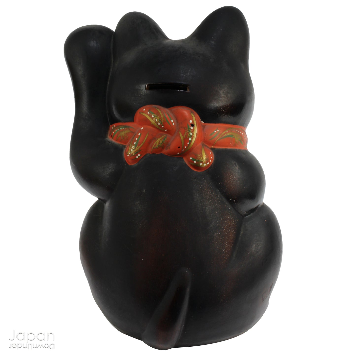 Welcome prosperity and good fortune into your space with this impressive oversized black antique Japanese lucky cat. Its charm is undeniable, from the adorable face to the beckoning paw, symbolizing wealth and good luck. A unique addition to your decor,  the maneki neko cat will certainly bring a smile to your face. Perfect for cat lovers and anyone seeking a touch of luck in their lives.