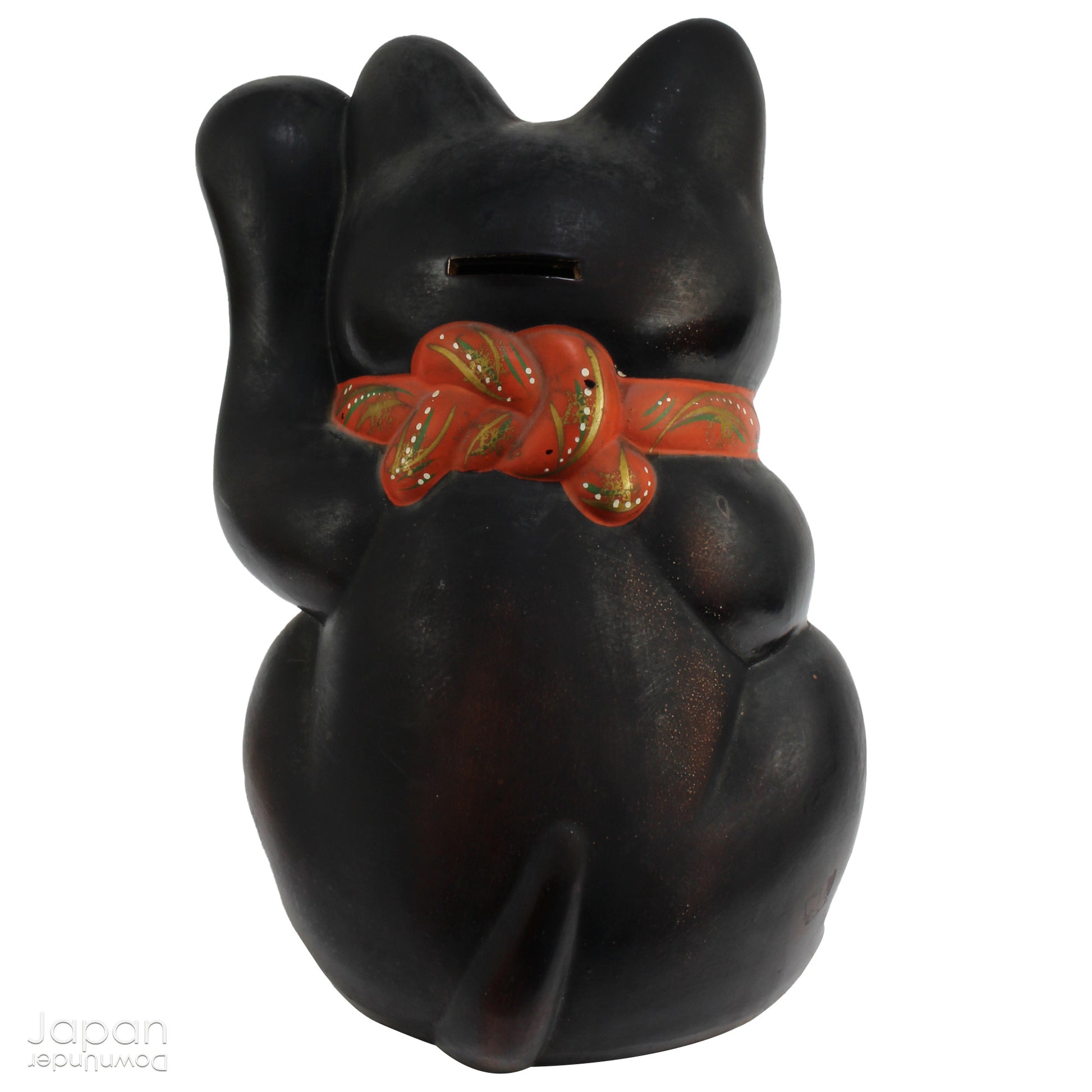Welcome prosperity and good fortune into your space with this impressive oversized black antique Japanese lucky cat. Its charm is undeniable, from the adorable face to the beckoning paw, symbolizing wealth and good luck. A unique addition to your decor,  the maneki neko cat will certainly bring a smile to your face. Perfect for cat lovers and anyone seeking a touch of luck in their lives.