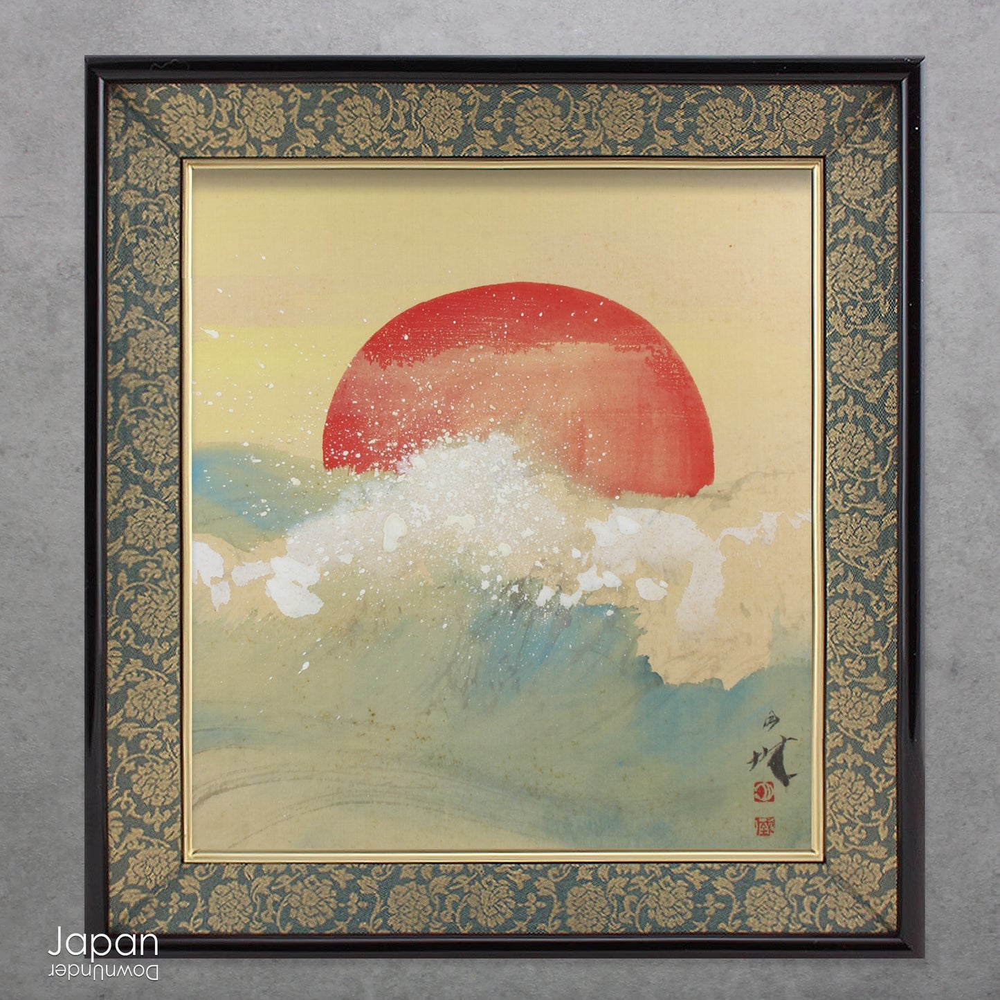 Infuse your home with meaning and vitality through this antique, hand-painted watercolor on a silk covered shikishi board. A vivid red sun rises over crashing waves - an iconic and powerful motif in Japanese art that symbolizes new beginnings, inner strength, and renewal. 