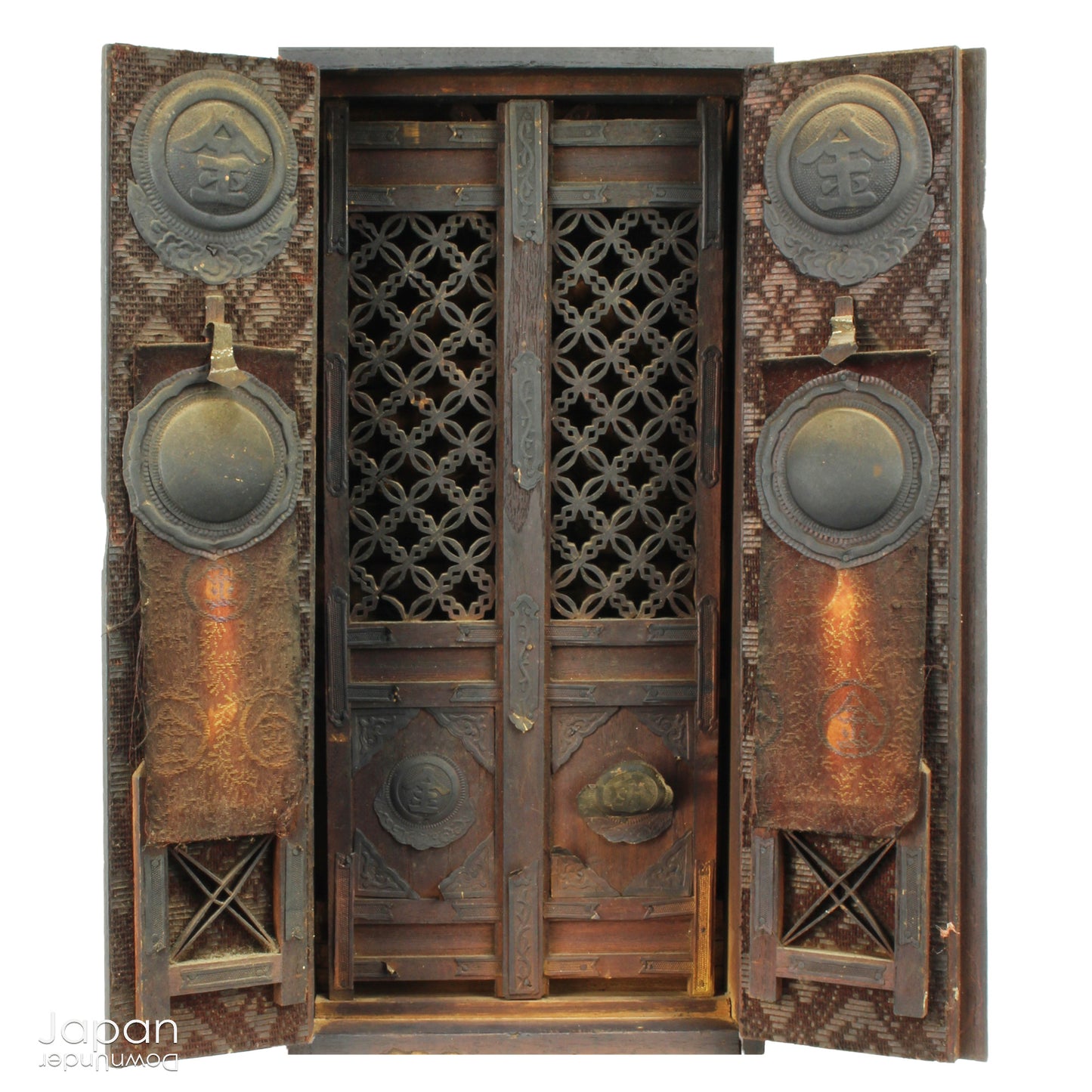 Bring a sense of spiritual heritage and timeless beauty into your space with this rare Meiji era antique Japanese Kamidana Shinto shrine, a scaled-down replica of the revered Konpira Shrine. Steeped in tradition and believed to offer prosperity in business and protection to sea travelers, fishermen, and sailors, this piece carries deep cultural and spiritual significance - a truly unique addition to any home or collection.