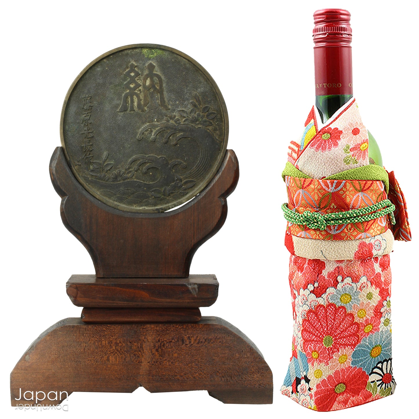 Infuse your spiritual setting with history and reverence through this traditional Japanese Shinto home altar mirror, or shinkyo, set within a hand-carved wooden stand. Once placed on the kamidana - the household altar of a historic Japanese home - this piece carries a deep sense of presence and cultural heritage.