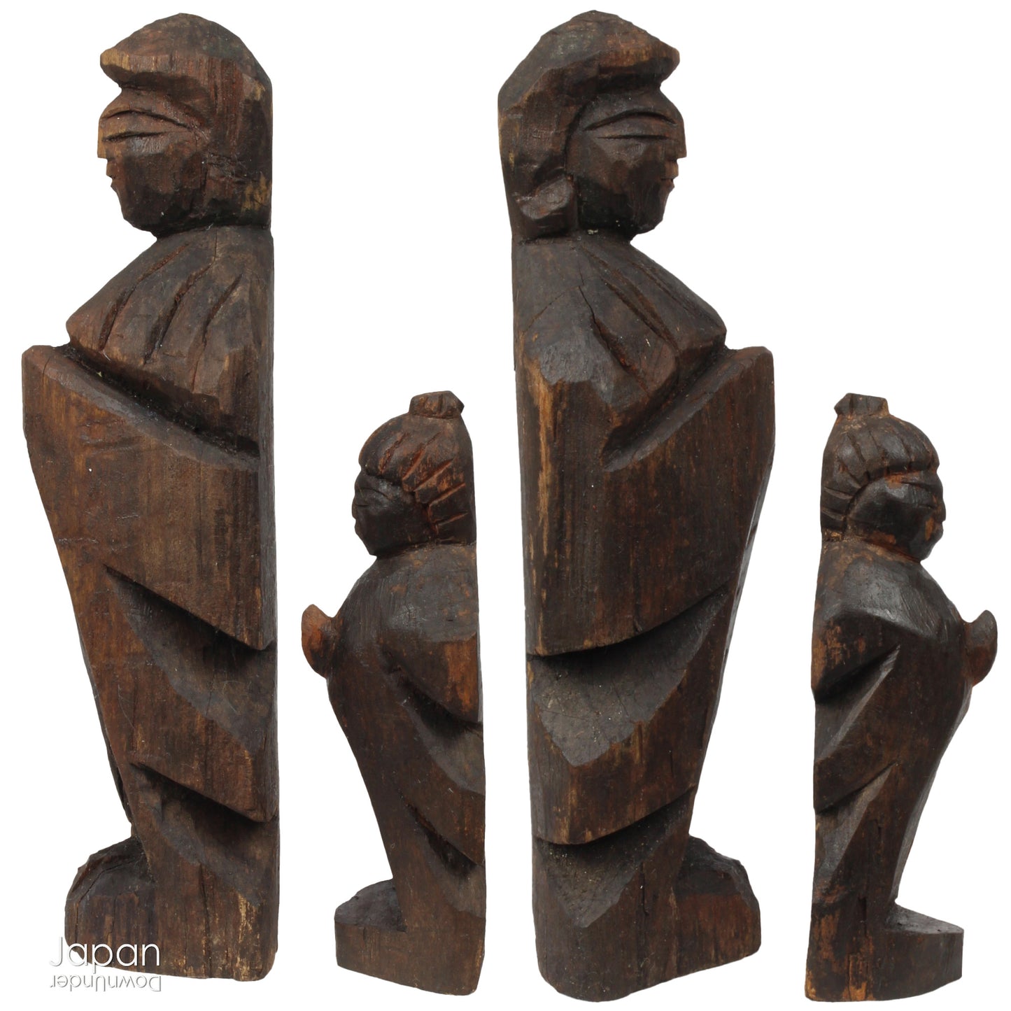 A collection of old hand-carved Enku-style Buddha and Kannon statues.  Enku was a Buddhist monk, much loved for his simple, folk art statues, carved during his many pilgrimages  to the mountains.  These old carvings are made of a light wood.