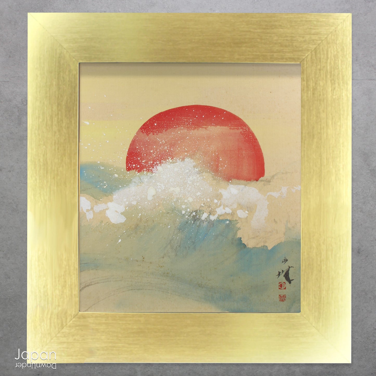 Infuse your home with meaning and vitality through this antique, hand-painted watercolor on a silk covered shikishi board. A vivid red sun rises over crashing waves - an iconic and powerful motif in Japanese art that symbolizes new beginnings, inner strength, and renewal. 