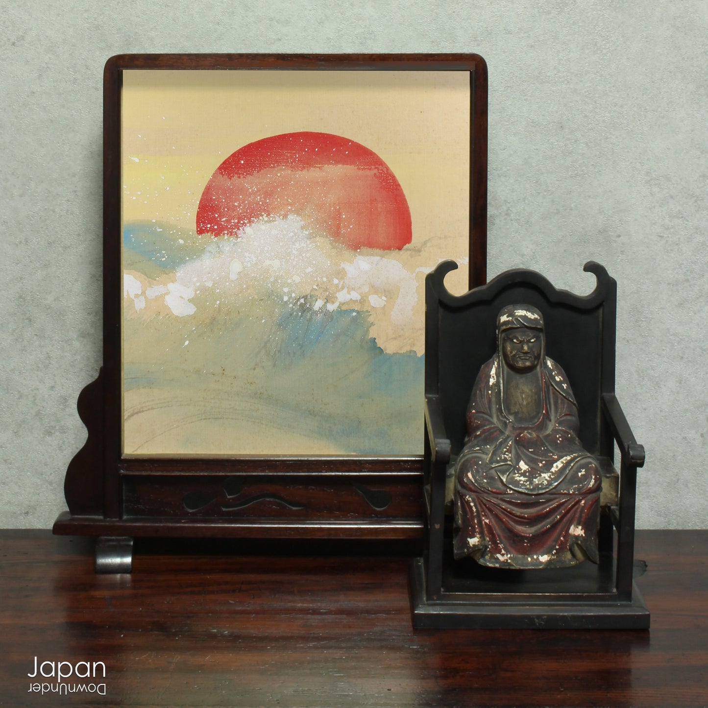 antique japanese painting on silk shikishi - red rising sun over crashing waves&nbsp;