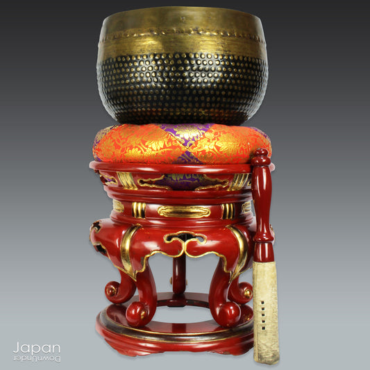 Bring the tranquility of a Buddhist temple into your home with this exquisite extremely large vintage orin resting on a luxurious brocade cushion atop a striking red lacquer stand. Perfect for meditation, yoga and relaxation routines, it creates a peaceful ambiance that will elevate your home or studio.